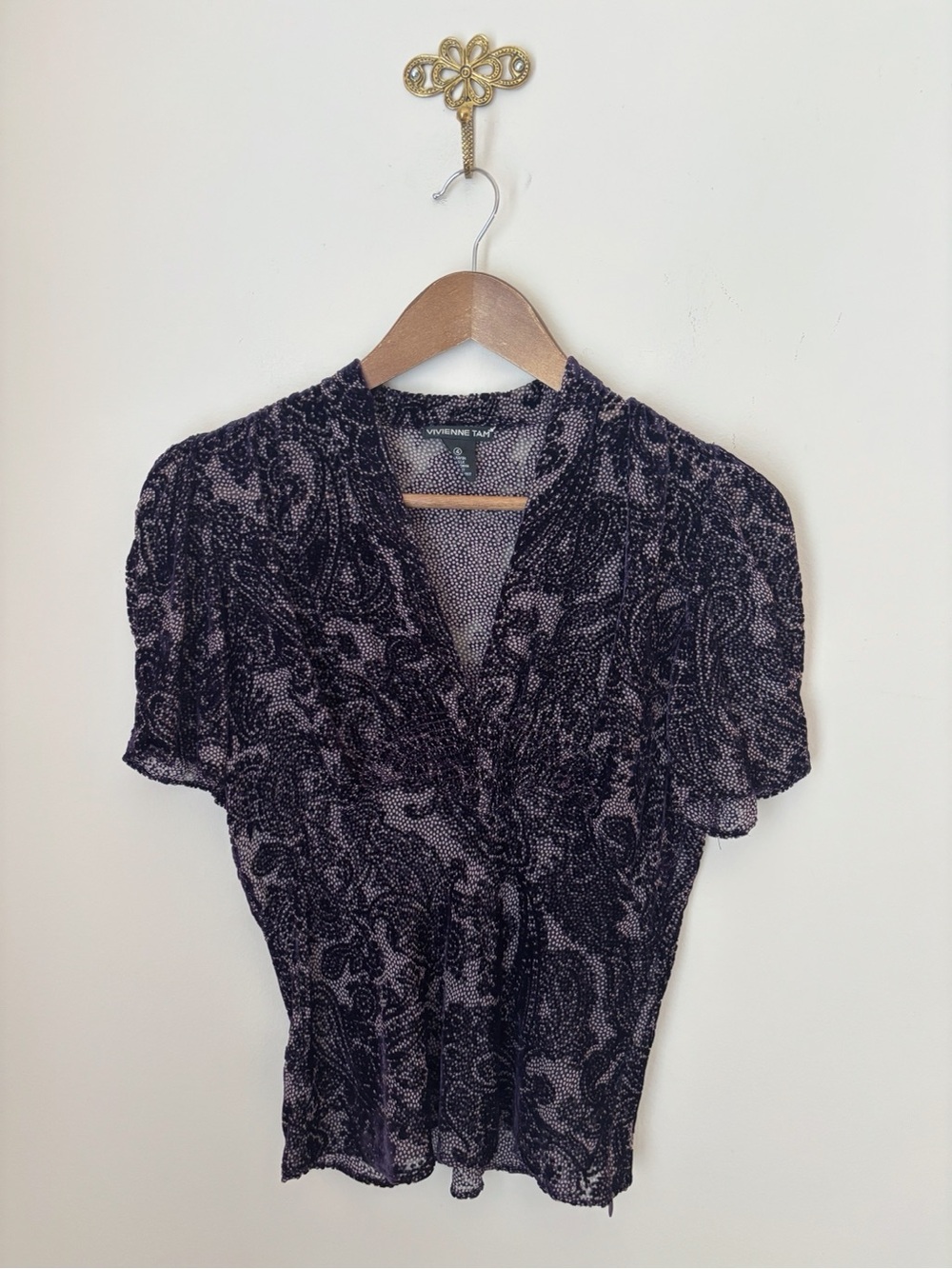 Vivienne Tam Purple Floral Burnout Velvet Silk V-Neck Top Sz 4